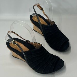 EARTHIES women’s Black Slingback Sandals 6.5B Wedge Cork  Heel